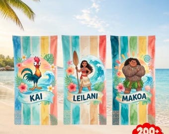 Custom Name Moana Maui Hei Hei Summer Towel, Personalized Moana Beach Towel, Polynesian Princess Kids Pool Towel