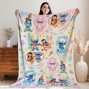 Coquette Bows Lilo & Stitch Blanket, Cute Stitch Disneyland Blanket, Ohana Means Family Stitch Blanket, Birthday Girl Gift Blanket image 1