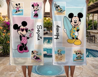 Disneyland Custom Mickey Beach Towel 2026, Personalized Mickey Minnie Family Matching Gift Disneyland Bath Pool Towel Family Vacation Towel