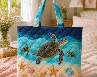 Ocean Turtle Overnight Quilted Tote Bag, Quilted Coastal Travel Duffel, Beach Theme Quilted Bag, Sea Turtle Bag