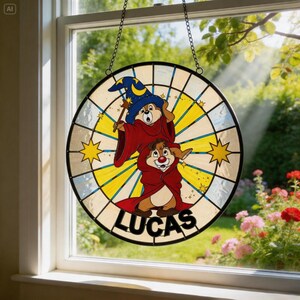 Personalized Chip 'n' Dale Stained Glass Suncatcher, Disneyland Chip Dale The Sorcerer's Apprentice Window Hanging, Window Decor Gift