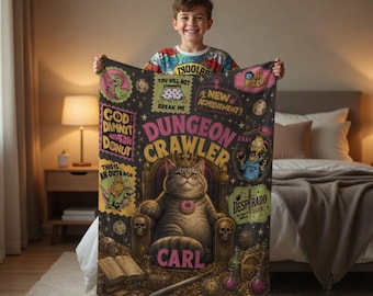 Dungeon Crawler Princess Donut And Mongo Fleece Blanket, Dungeon Crawler Carl Blanket, Fantasy Book Style Blanket, Cozy Home Gift for Gamer