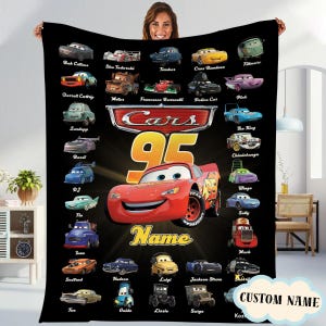 Personalized Watercolor Bows Pixar Cars Blanket, Lightning McQueen Tow Mater Fleece Blanket Disneyland Blanket for Bed Coach Sofa image 1
