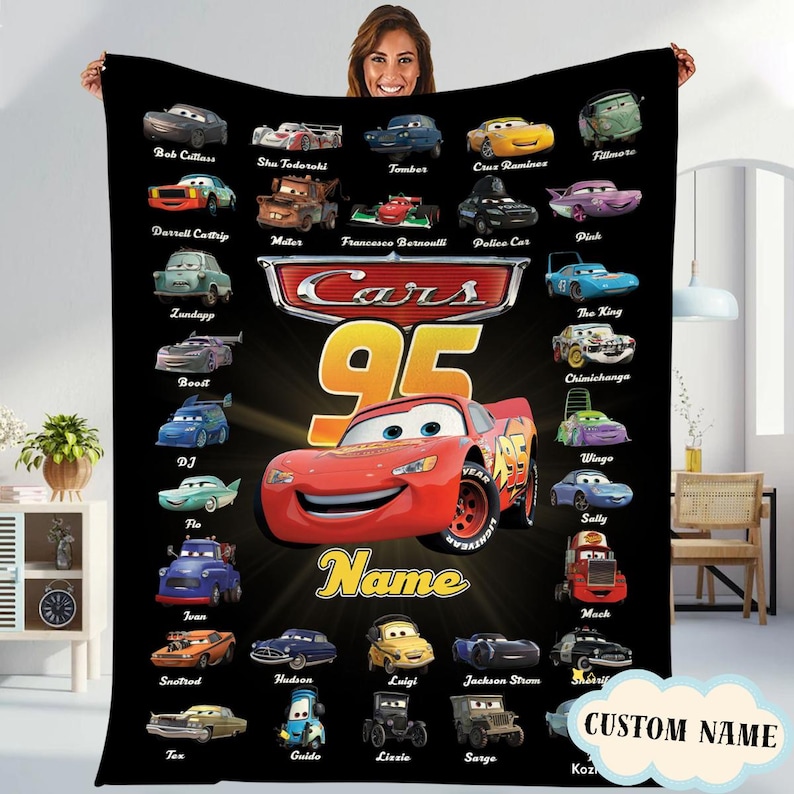 Personalized Watercolor Bows Pixar Cars Blanket, Lightning McQueen Tow Mater Fleece Blanket Disneyland Blanket for Bed Coach Sofa image 1
