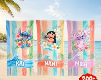 Custom Stich Beach Towel, Custom Lilo & Stitch Characters Beach Towel, Kids Towel, Birthday Gift, Personalized Summer Bath Towel