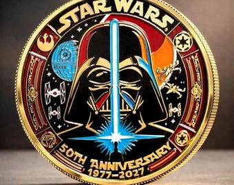 Moneda conmemorativa del 50 aniversario de Star Wars, 1977–2027. Regalo para fans de la ciencia ficción. Artículo de colección del aniversario galáctico.