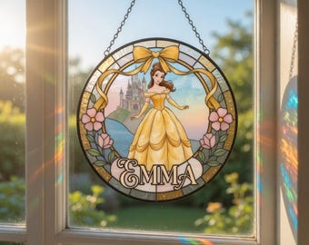 Nom personnalisé attrape-soleil en vitrail de Disneyland Belle princesse, tenture de fenêtre Belle princesse, attrape-soleil Belle princesse, décoration Disneyland