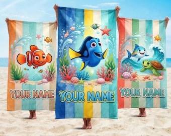 Personalized Disney Finding Nemo Beach Towel, Finding Dory Marlin Nemo Birthday Boy Bath Pool Summer Trip Home Decor, Birthday Girl Towel