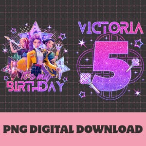 May include: Digital download featuring a birthday design with the name "Victoria" and the number "5" in a glittery gradient. The design includes cartoon characters and the text "It's my birthday".