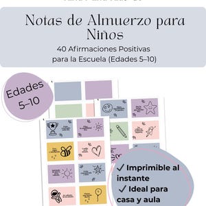 May include: A printable sheet with positive affirmations for children aged 5-10. The design features colorful squares with illustrations and text, including a trophy, star, and pencil. The text includes "Notas de Almuerzo para Niños" and "Kind Mind Kids Co."