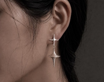 Warm Silver Star Spiral Earrings, Y2K Celestial Dangle Earrings, Cyber Fairy Spacecore Jewelry