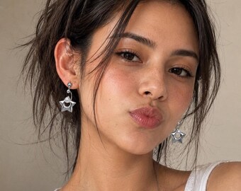 Silver Star Faux Pearl Drop Earrings, Y2K Kpop Celestial Dangle Earrings, Cute Edgy Coquette Jewelry Gift