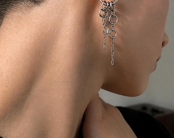 Silver Chain Hoop Earrings, Y2K Unisex Punk Dangle Earrings, Edgy Silver Hoop Earrings with Charms, Grunge Alt Jewelry Gift