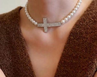 Rhinestone Cross Pearl Choker Necklace, Black or White Beaded Choker, Y2K Kpop Coquette Jewelry