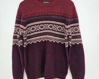 Suéter vintage de los 90, 100% lana de cordero, Eddie Bauer Fair Isle color burdeos, cómodo para otoño, talla M.