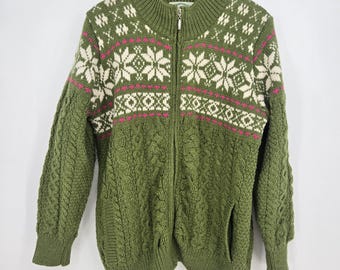 Cardigan vintage da uomo Aran Crafts, taglia L, in lana verde Fair Isle, perfetto per autunno e inverno.