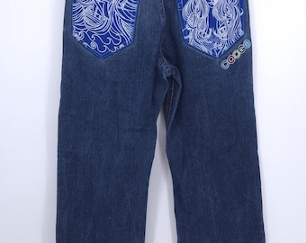 Vintage Y2K Coogi Blue Denim Jeans With Embroidered Mermaid and Ship Art - Men's 34x32.5