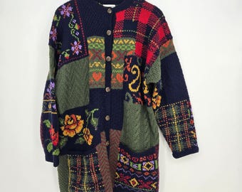 100% wollen Vtg Laura Ashley OS/XXL patchwork vest trui oma herfst