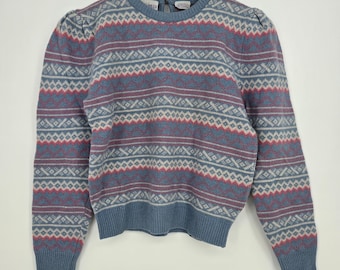 Sweter damski z wełny jagnięcej z angory w kolorze niebieskim i różowym Fair Isle z lat 90., VTG Michael Milea, rozmiar L, przytulny