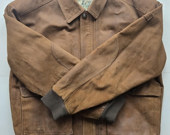 Vintage brown suede bomber jacket with knitted cuffs and hem men's L