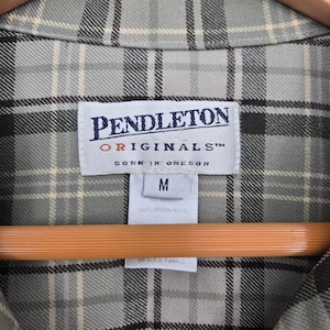Vtg 90s Pendleton 100% Wool Plaid Flannel Button-Up Shirt Green Beige Mens M image 3