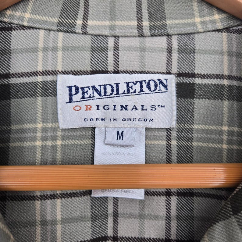 Vtg 90s Pendleton 100% Wool Plaid Flannel Button-Up Shirt Green Beige Mens M image 3
