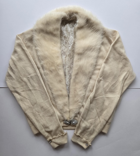 Vintage 50s/60s cropped cashmere? wool cardigan sweater with detachable genuine mink fur collar and ornate clasp - women's S-ish