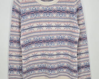 Vintage wool-blend pastel Fair Isle sweater with snowflake pattern - women's L