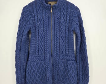 Vintage Womens S Blue Aran Cardigan Sweater 100% Merino Wool Ireland Cable Knit
