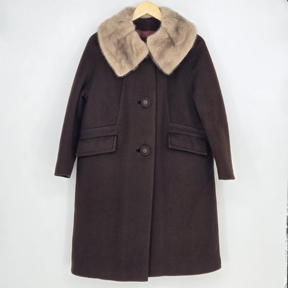 Vintage 1960s Wool Swing Coat, Genuine Mink Fur Collar, Estimated Women's L