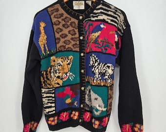 Vintage dames M handgebreid vest Afrikaanse dieren trui tijger zebra leraar