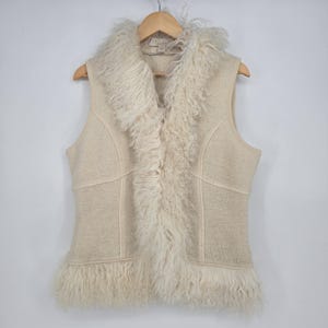 Vintage Mainbocher-väst från 1970-talet, 100 % ull, krämfärgad med lockig lammpälskant – damstorlek L