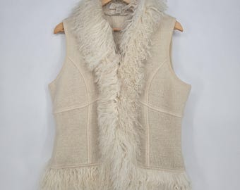 Vintage 1970er Jahre Mainbocher Schurwolle Weste mit lockigem Lammfellbesatz - Damen L