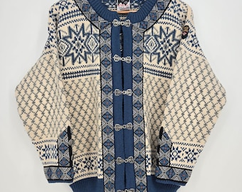 Vtg Dale of Norwegen 100% Wolle Strickjacke Blau Weiß Zinn Verschluss Herren 40