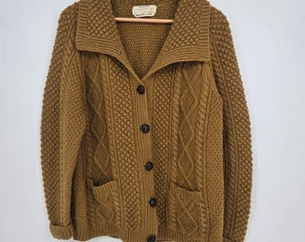 Cardigan Aran vintage lavorato a mano, giallo senape, 100% lana, Irlanda, uomo, taglia M