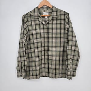 Vtg 90s Pendleton 100% Wool Plaid Flannel Button-Up Shirt Green Beige Mens M image 1
