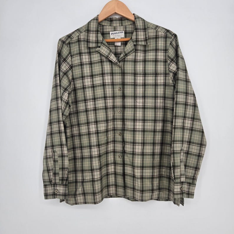 Vtg 90s Pendleton 100% Wool Plaid Flannel Button-Up Shirt Green Beige Mens M image 1
