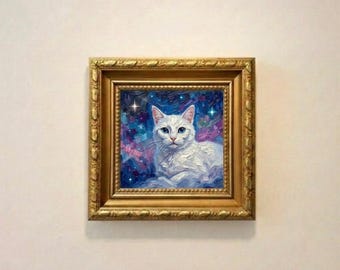 Katzen Ölgemälde Wandkunst, Weltraum Katze Leinwand, Weiße Katze Kunstwerk, Gerahmtes Haustier Porträt, Kosmische Katzen-Dekor, Galaxie Tiermalerei, Vintage Gold