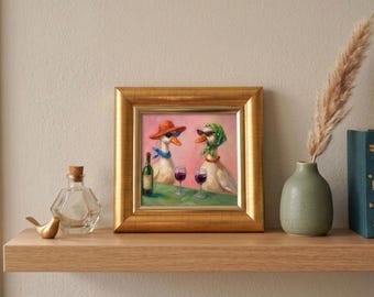 Abstrakte Goose Wandkunst - Retro Ölgemälde mit Wein, lustige Tierkunst, Wand-Kunst-Dekor, Wein-Date-Malerei, süßes Paar-Geschenk