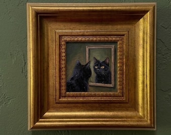 Black Cat Oil Painting, Mini Cat Wall Art, Gothic Cat Painting, Vintage Framed Cat Art, Small Oil Painting, Cat Lover Gift, Miniature Cat