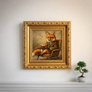 Puede incluir: Una pintura enmarcada representa un zorro con traje de tweed, sentado en una silla y leyendo un libro. La obra de arte presenta un marco dorado y ornamentado. El zorro tiene pelaje naranja y lleva un traje y corbata marrones. El fondo es de tono neutro.