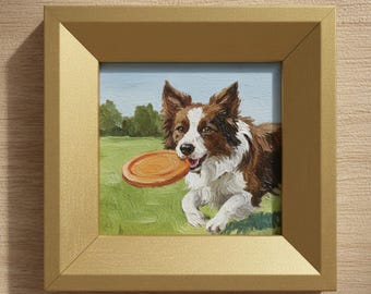 Oil Painting Dog With Frisbee, Mini Dog Art, Loyalty Wall Decor, Cute Pet Painting, Small Framed Artwork, Gift for Dog Lovers, Animal Oil
