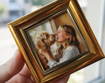 Custom Dog Oil Painting | Hand Painted Pet Portrait with Owner | Mini Framed Artwork | Memorial Pet Art Gift, Dog Lover Decor