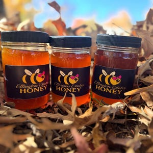 May include: Three glass jars of honey with black lids and labels. The labels feature a cartoon bee with a pink bow and the text "Ellington Estates HONEY". The honey varies in color from light amber to dark amber.