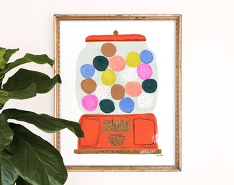 Gumball Machine Art Print | Sweet Tooth Wall Hanging | Candy Home Decor | Colorful Children's Nursery Wall Art | Gouache Painting | Giclee