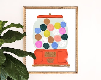 Gumball Machine Art Print | Sweet Tooth Wall Hanging | Candy Home Decor | Colorful Children's Nursery Wall Art | Gouache Painting | Giclee