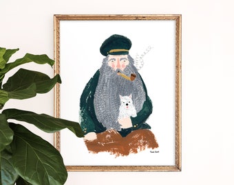 Fisherman Art Print | Nautical Wall Decor | Sea Giclee | Ocean Poster | Gallery Wall Set | Coastal Gouache Painting | Children's Nursery Art