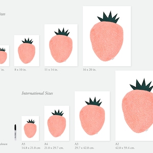 May include: A chart showing different sizes of printable art featuring a pink strawberry with a dark green crown. The sizes are listed in inches and centimeters. The chart includes U.S. and International sizes.