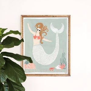 Mermaid Art Print | Giclee Wall Art | Ocean Poster | Nautical Folk Art |  | Children's Nursery Wall Art | Gallery Wall Set | Illustration