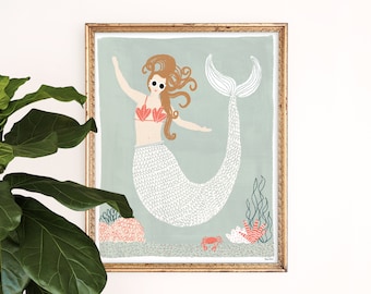 Mermaid Art Print | Giclee Wall Art | Ocean Poster | Nautical Folk Art |  | Children's Nursery Wall Art | Gallery Wall Set | Illustration
